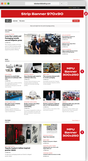 labelsandlabeling.com homepage showing strip banner and MPU banner placements
