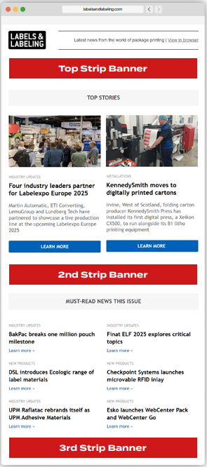 Label News newsletter showing top, second and third strip banner positions